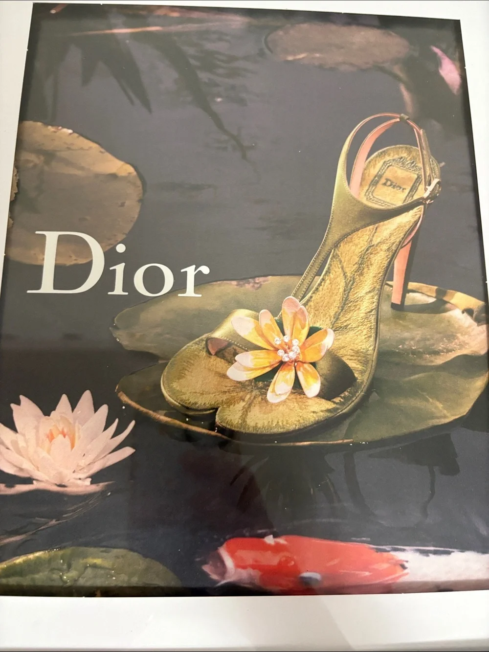 Framed Print of Dior Gold High Heel Slingback with Pink and Cream Floral Accent